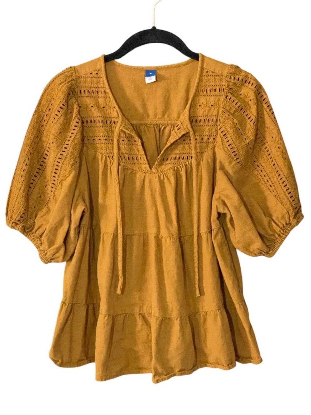 Old Navy Mustard Eyelet Blouse M Puff Sleeve Tiered Boho Cottagecore Peasant